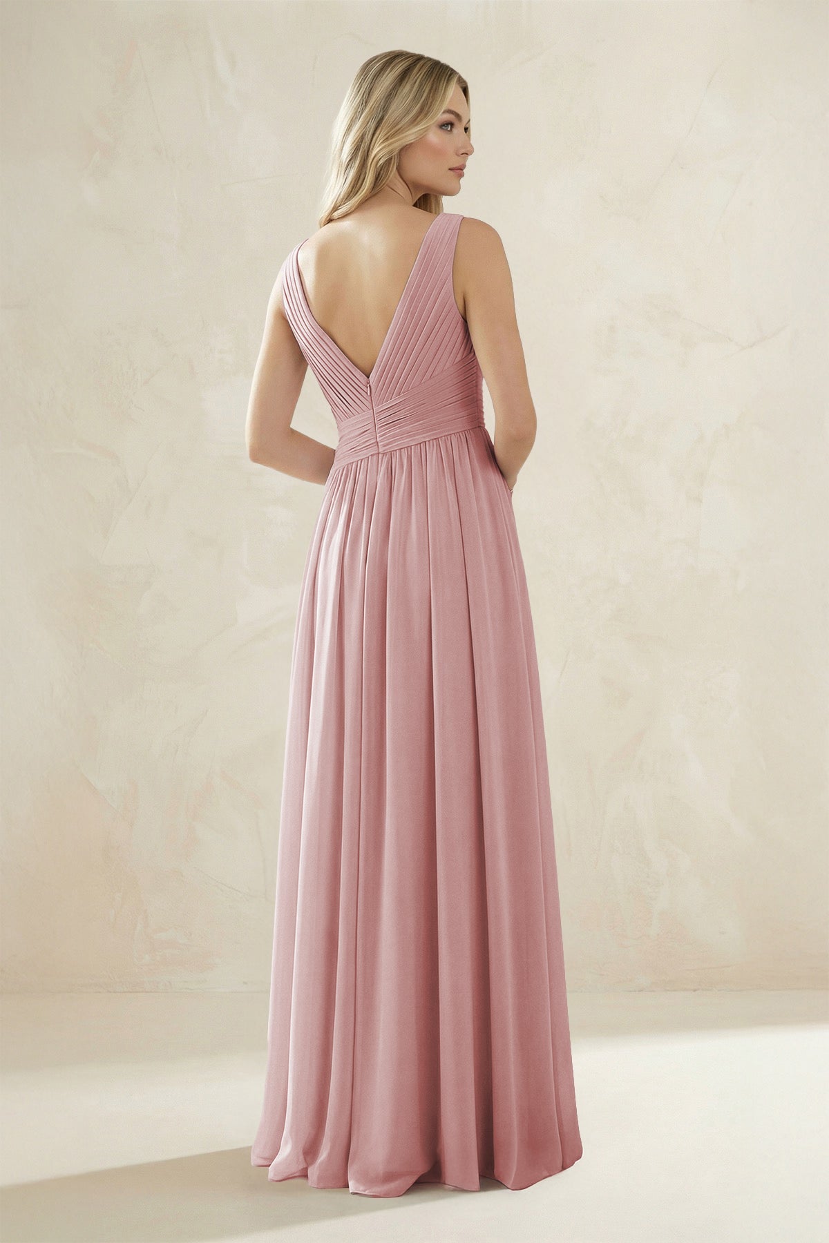 Robe demoiselle d’honneur rose poudré longue col V sans manches plissée - Harana