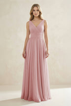 Robe demoiselle d’honneur rose poudré longue col V sans manches plissée - Harana