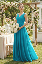Robe demoiselle d’honneur blue jay longue col V sans manches plissée - Harana