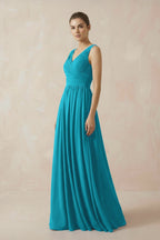 Robe demoiselle d’honneur blue jay longue col V sans manches plissée - Harana