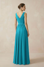 Robe demoiselle d’honneur blue jay longue col V sans manches plissée - Harana