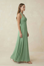 Robe demoiselle d’honneur vert d’eau longue col V dos nu sans manches - Harana