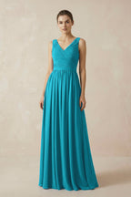 Robe demoiselle d’honneur blue jay longue col V sans manches plissée - Harana