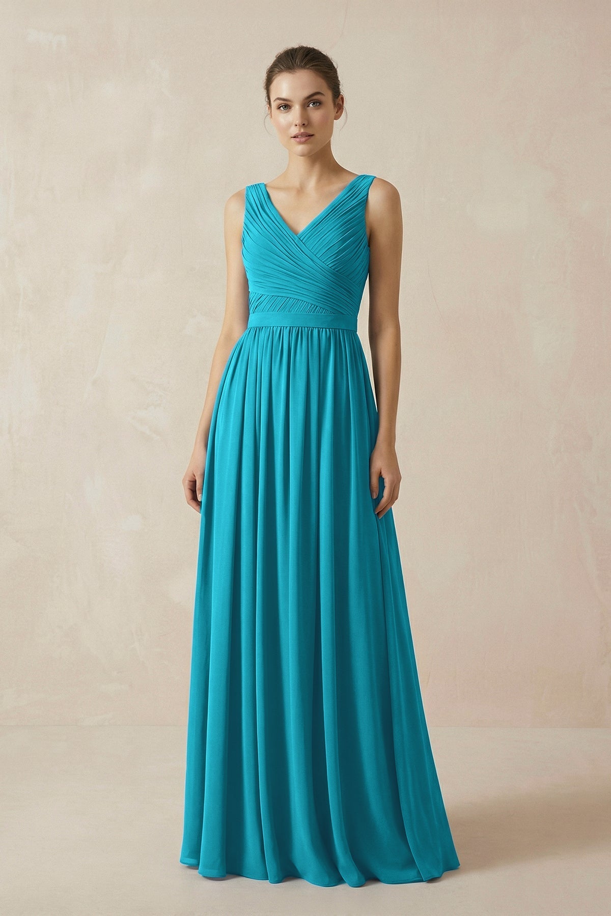 Robe demoiselle d’honneur blue jay longue col V sans manches plissée - Harana