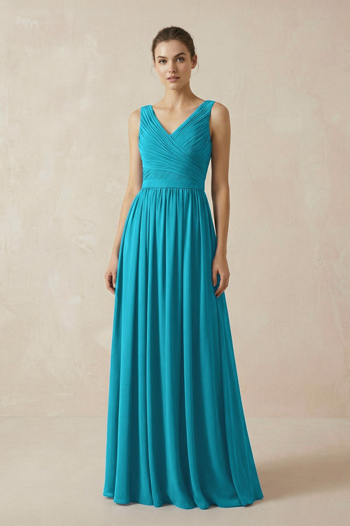 Robe de demoiselle d’honneur bleu geai longue en mousseline coupe trapèze à col V plissée - Harana