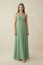 Robe demoiselle d’honneur vert d’eau longue col V dos nu sans manches - Harana