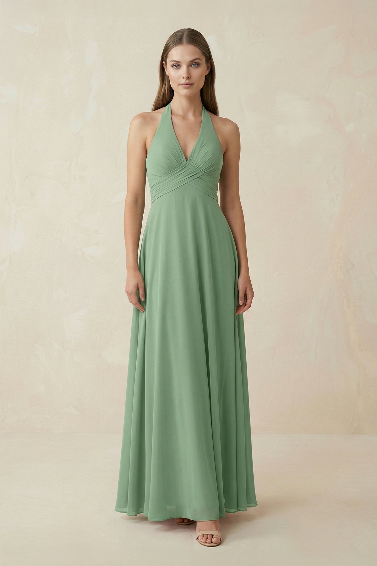 Robe demoiselle d’honneur vert d’eau longue col V dos nu sans manches - Harana