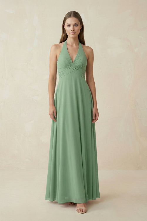Robe de demoiselle d’honneur vert d’eau longue en mousseline coupe trapèze à col V plissée - Harana
