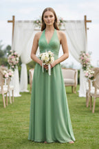 Robe demoiselle d’honneur vert d’eau longue col V dos nu sans manches - Harana