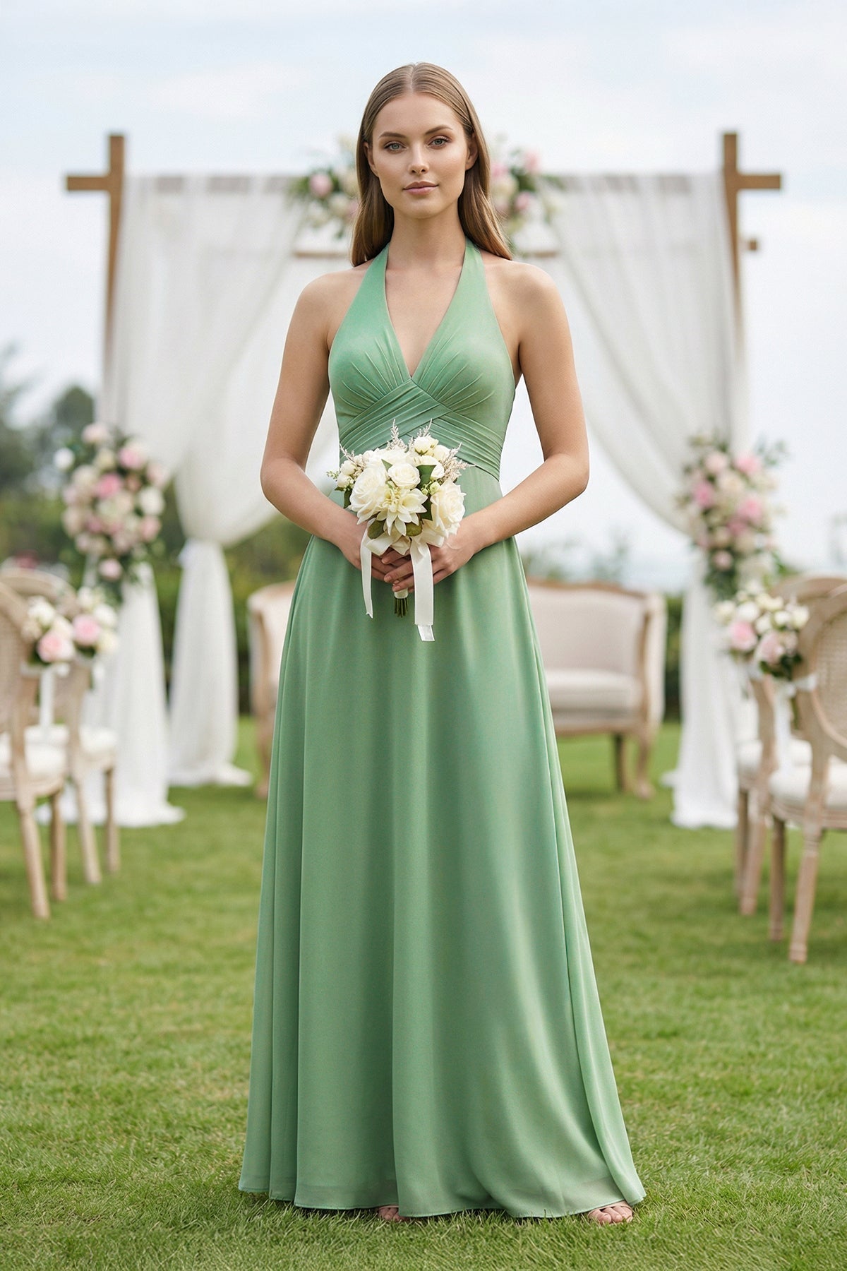 Robe demoiselle d’honneur vert d’eau longue col V dos nu sans manches - Harana