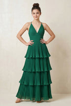 Robe longue vert foncé en mousseline plissée - Harana