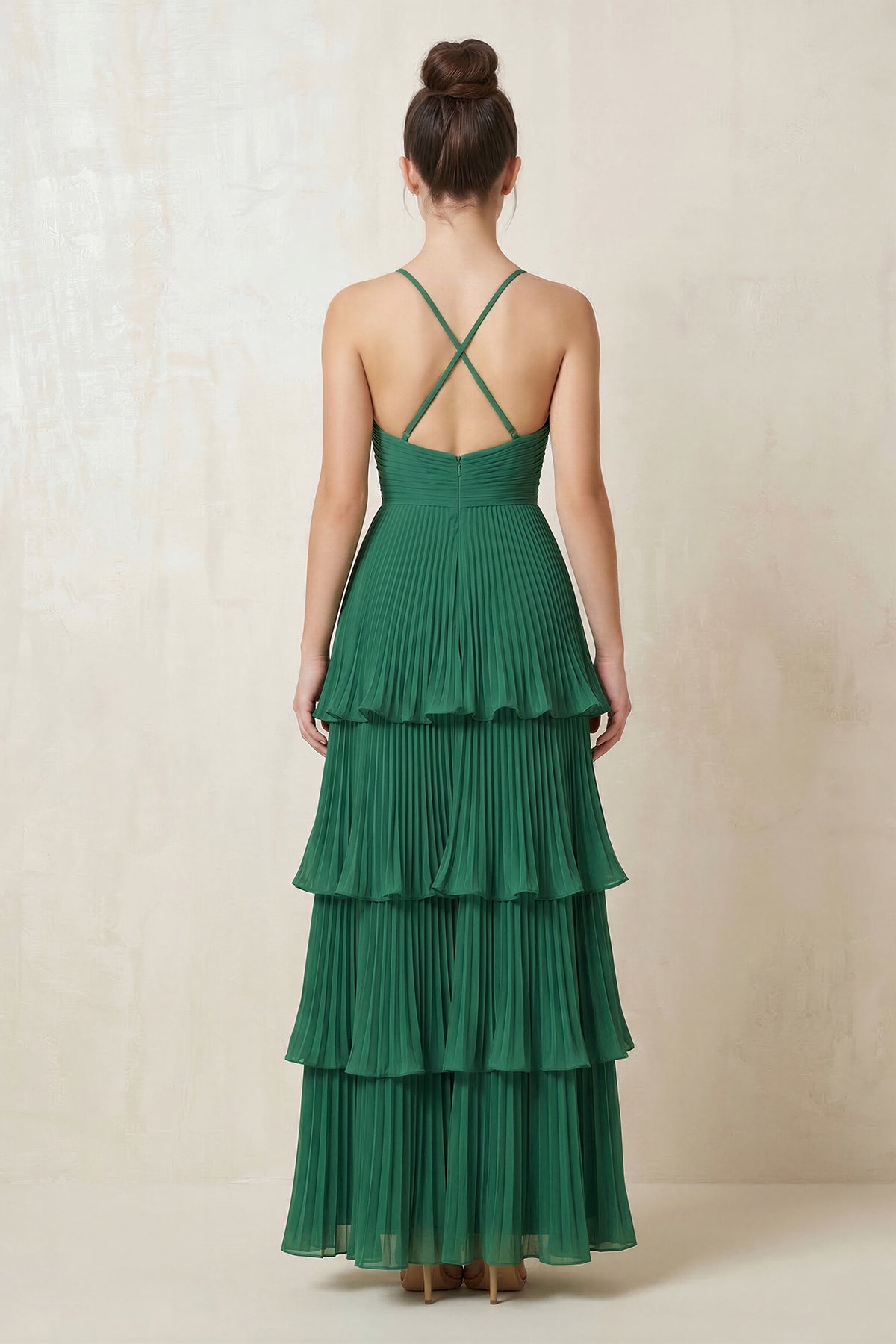 Robe longue vert foncé en mousseline plissée - Harana