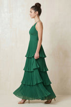 Robe longue vert foncé en mousseline plissée - Harana