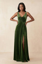 Robe demoiselle d’honneur olive longue col V sans manches froncée - Harana