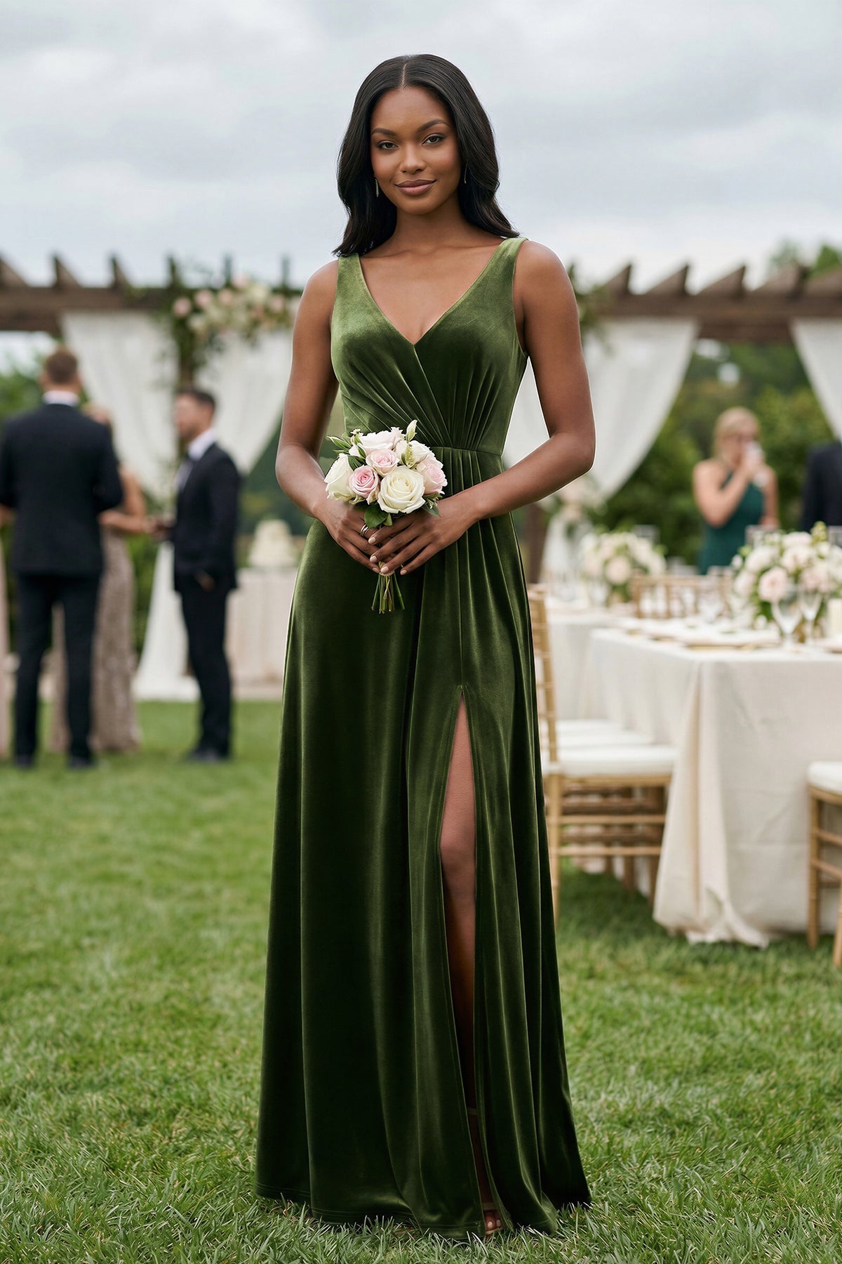 Robe demoiselle d’honneur olive longue col V sans manches froncée - Harana