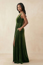 Robe demoiselle d’honneur olive longue col V sans manches froncée - Harana