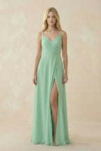Robe demoiselle d’honneur pale pistachio longue col V sans manches avec fente - Harana