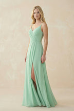 Robe demoiselle d’honneur pale pistachio longue col V sans manches avec fente - Harana