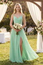 Robe demoiselle d’honneur pale pistachio longue col V sans manches avec fente - Harana