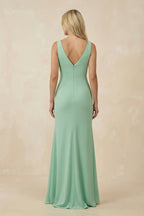 Robe demoiselle d’honneur pale pistachio longue col V sans manches avec fente - Harana