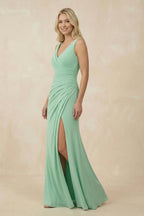 Robe demoiselle d’honneur pale pistachio longue col V sans manches avec fente - Harana
