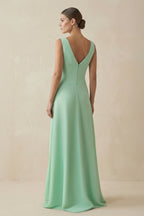 Robe demoiselle d’honneur pale pistachio longue col V sans manches avec fente - Harana