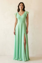 Robe demoiselle d’honneur pale pistachio longue col V manches courtes à volants - Harana