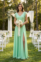 Robe demoiselle d’honneur pale pistachio longue col V manches courtes à volants - Harana