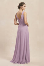 Robe demoiselle d’honneur mauve grisé longue col V sans manches froncée - Harana