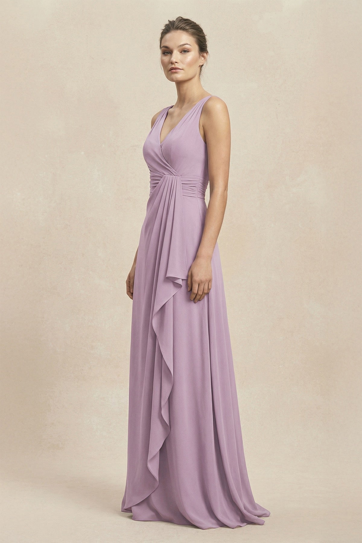 Robe demoiselle d’honneur mauve grisé longue col V sans manches froncée - Harana