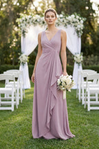 Robe demoiselle d’honneur mauve grisé longue col V sans manches froncée - Harana