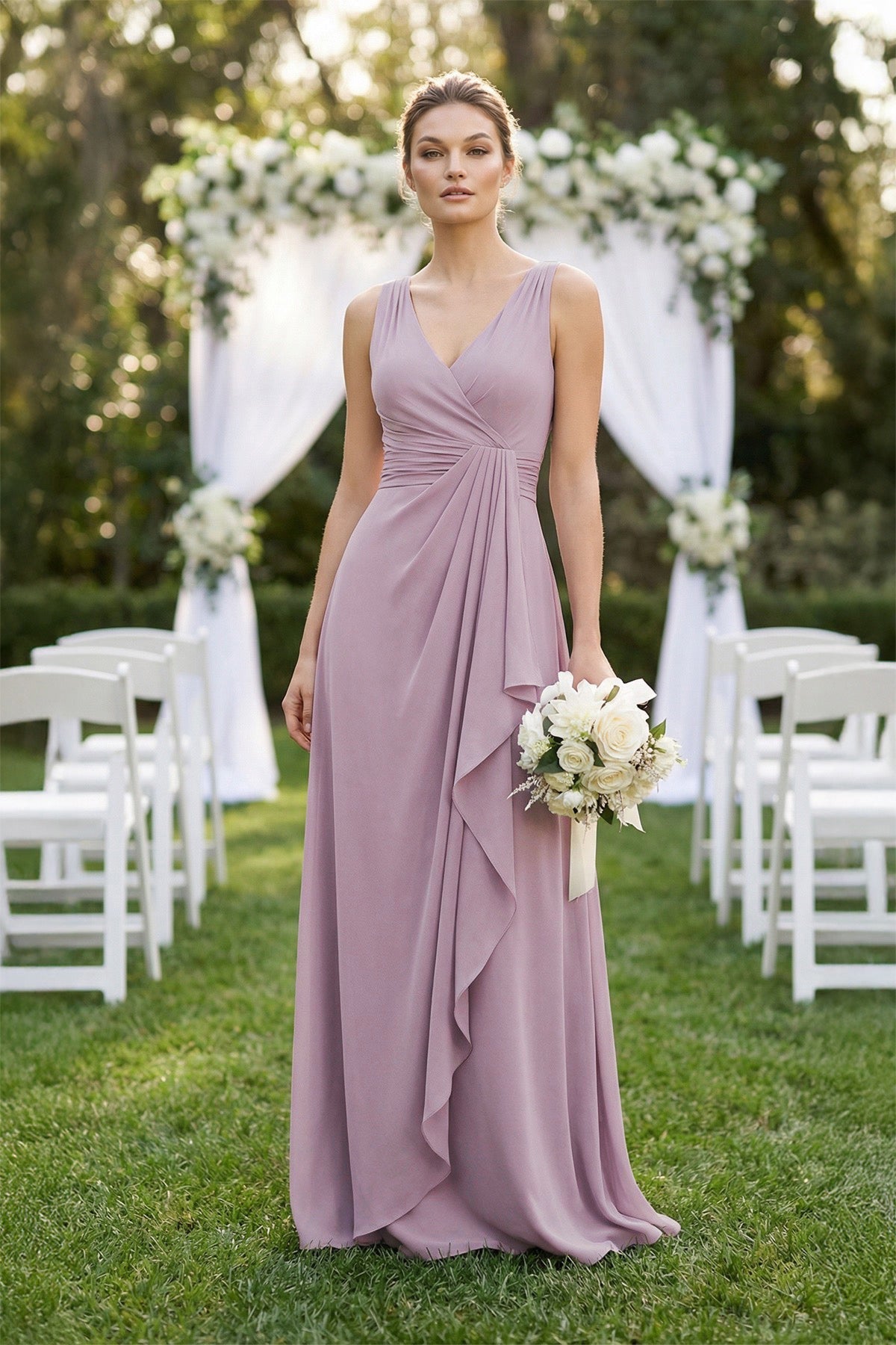 Robe demoiselle d’honneur mauve grisé longue col V sans manches froncée - Harana