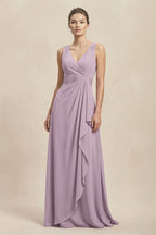 Robe demoiselle d’honneur mauve grisé longue col V sans manches froncée - Harana