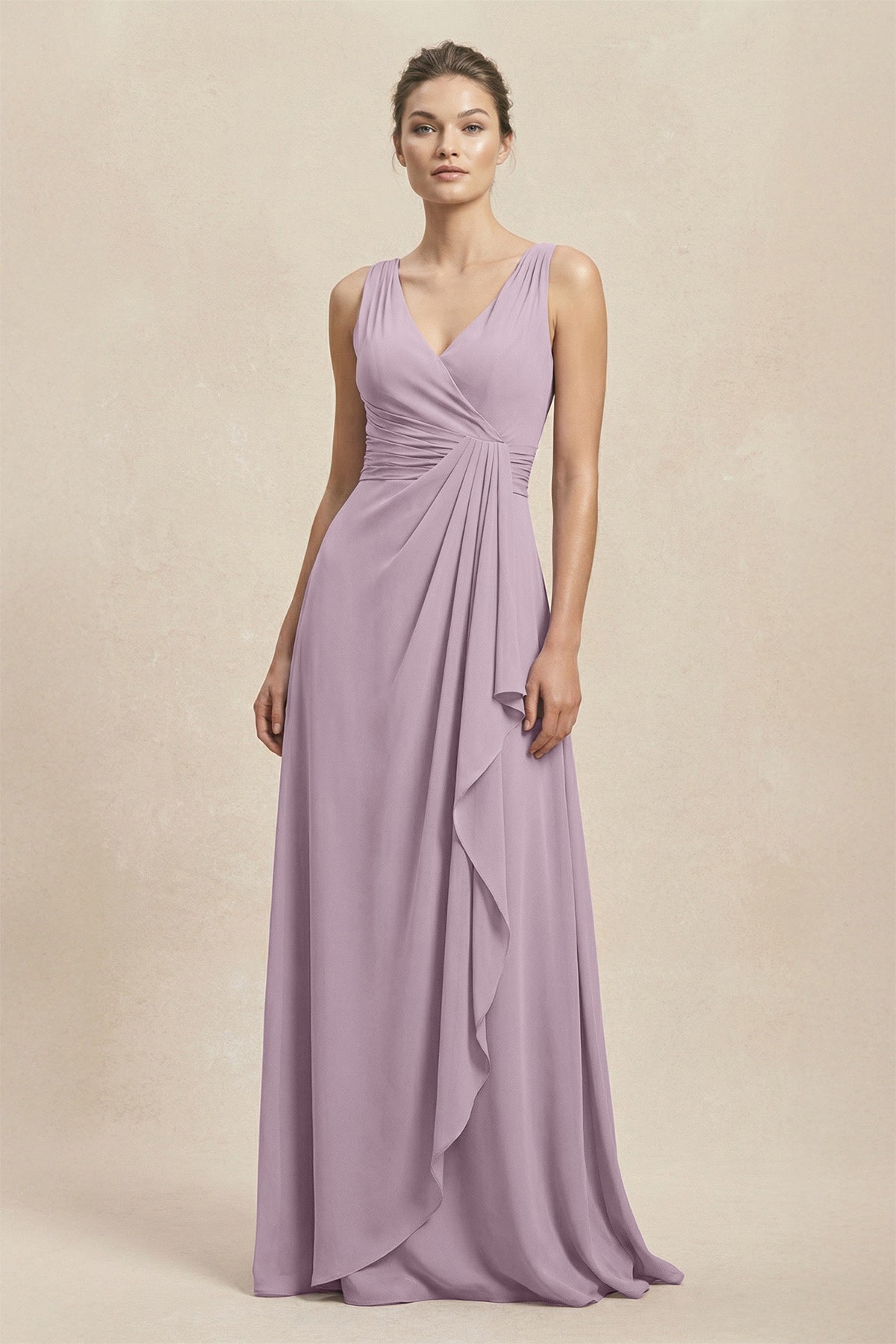 Robe demoiselle d’honneur mauve grisé longue col V sans manches froncée - Harana