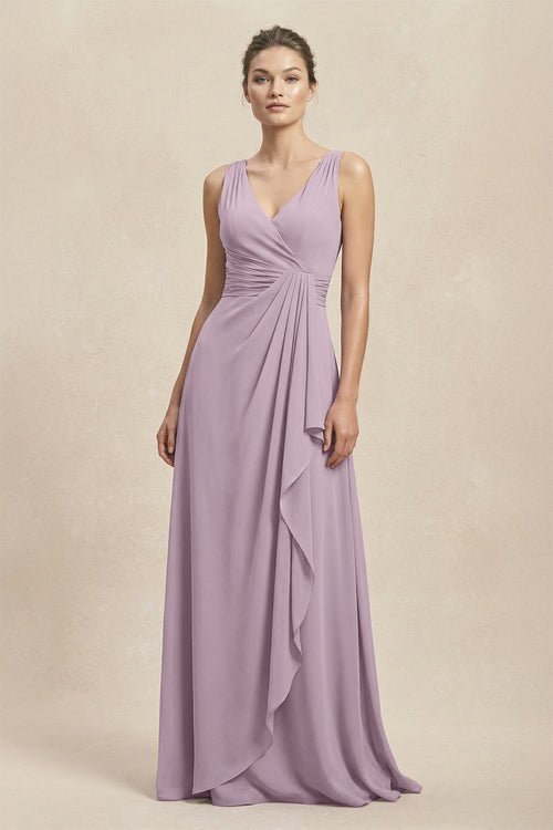 Robe de demoiselle d’honneur mauve grisé longue en mousseline coupe trapèze à col V effet drapé - Harana