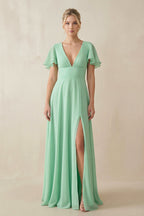 Robe demoiselle d’honneur pale pistachio longue col V manches courtes avec fente - Harana