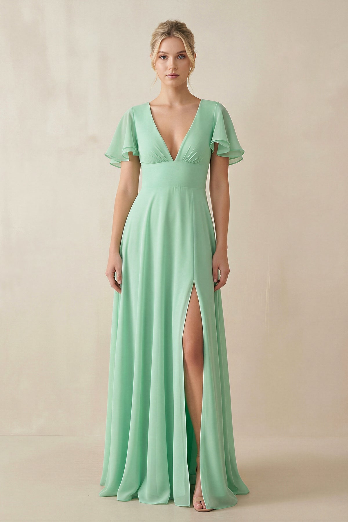 Robe demoiselle d’honneur pale pistachio longue col V manches courtes avec fente - Harana