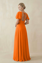 Robe longue orange coupe trapèze à volants décolleté V - Harana