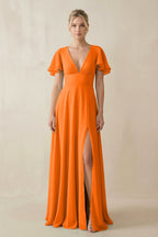 Robe longue orange coupe trapèze à volants décolleté V - Harana