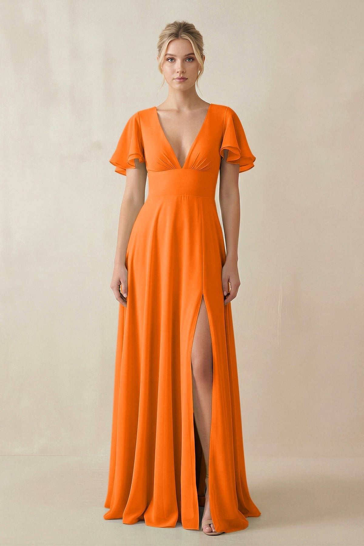 Robe longue orange coupe trapèze à volants décolleté V - Harana