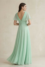 Robe demoiselle d’honneur pale pistachio longue col V effet drapé à volants - Harana