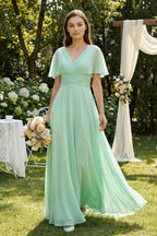 Robe demoiselle d’honneur pale pistachio longue col V effet drapé à volants - Harana