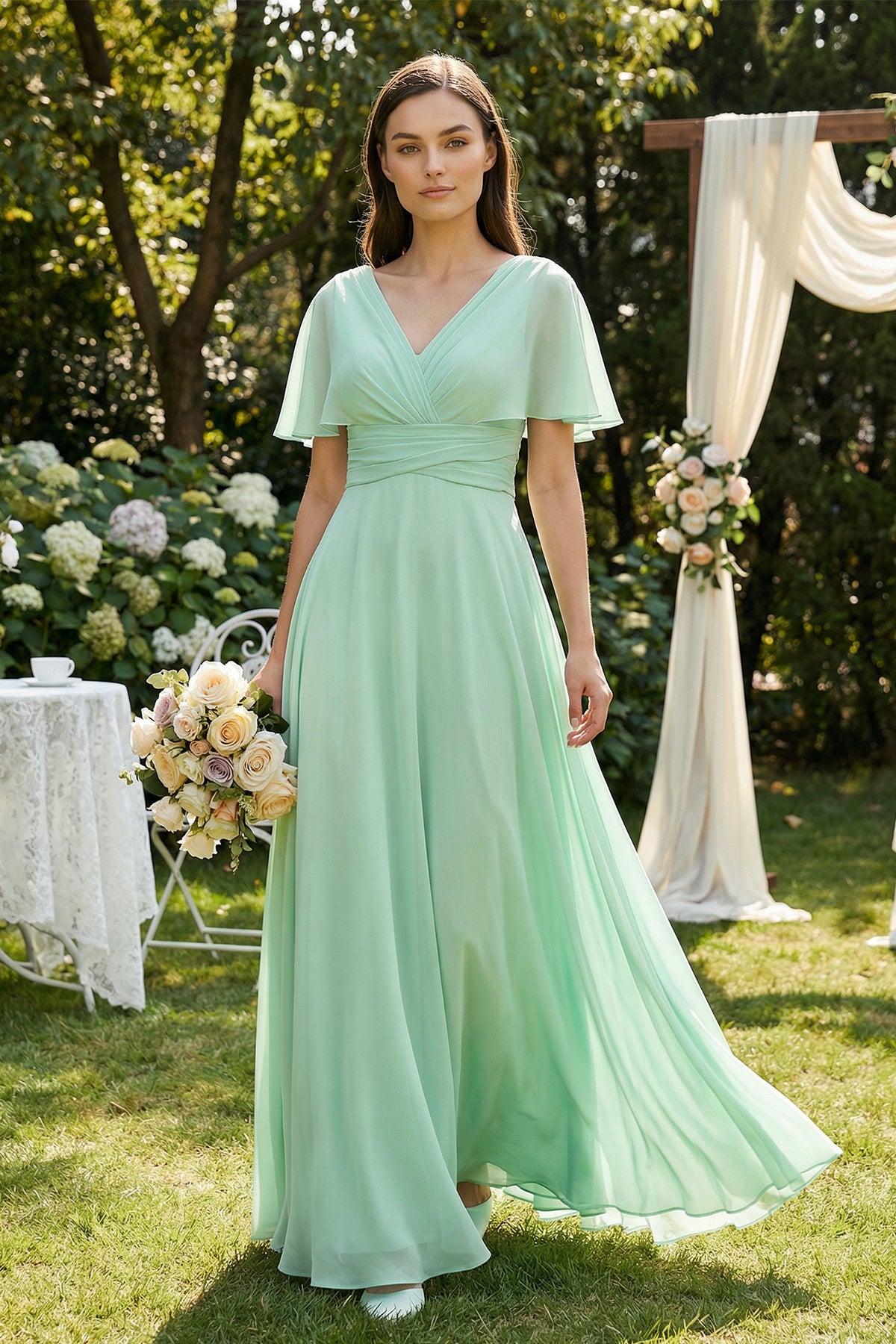 Robe demoiselle d’honneur pale pistachio longue col V effet drapé à volants - Harana