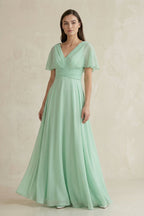 Robe demoiselle d’honneur pale pistachio longue col V effet drapé à volants - Harana