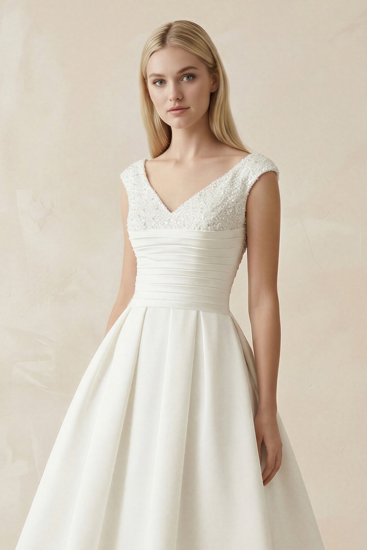 Robe de mariée blanche trapèze en satin à col V sans manches - Harana