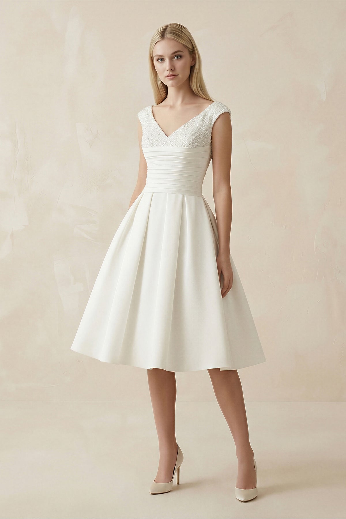 Robe de mariée blanche trapèze en satin à col V sans manches - Harana