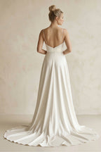 Robe de mariée blanche trapèze en satin à col V sans manches - Harana