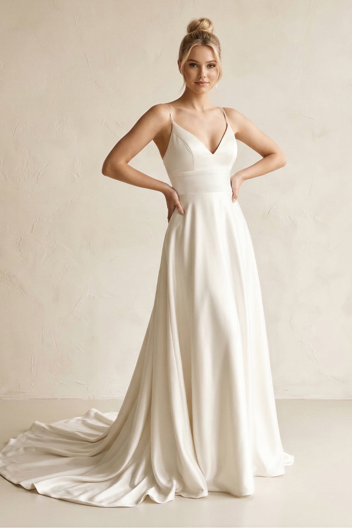 Robe de mariée blanche trapèze en satin à col V sans manches - Harana