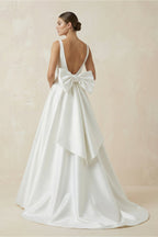 Robe de mariée blanc longue col V sans manches avec nœud - Harana