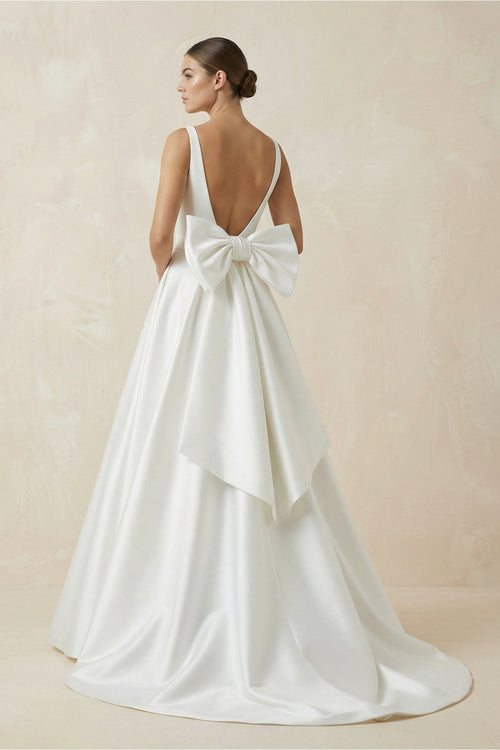 Robe de mariée blanc longue col V sans manches avec nœud - Harana